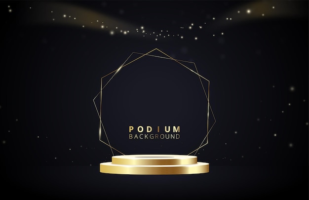 Product podium with light golden curve line and bokeh and blur elements on dark background