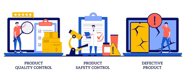 Product quality, safety control, defective product concept with tiny people. Product manufacturing  set. Customer feedback, inspection, warranty certificate.