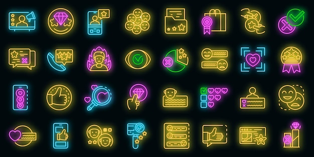 Product review icons set. Outline set of product review vector icons neon color on black