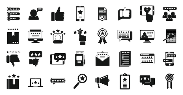 Product review icons set simple vector. Online survey. Sale reputation