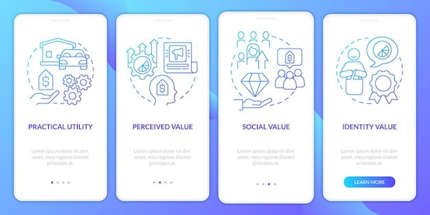 Product values blue gradient onboarding mobile app screen