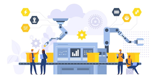 Vector production automation flat vector illustration. male and female factory workers, engineers cartoon characters. smart manufacturing process, robotic equipment. futuristic high tech machinery