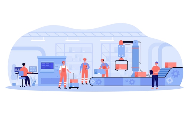 Production process in factory. Workers and robot removing boxes from conveyor belt. Engineer at computer controlling system.  illustration for industry, automation, machine technology concepts