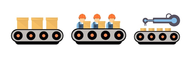 Production process with machine operator man in hard hat icons vector set