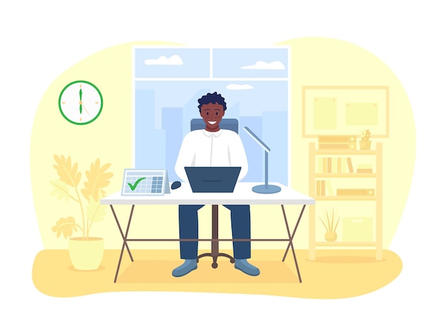 Productive work 2D vector isolated illustration. Smiling worker. Happy employee sitting at desk flat characters on cartoon background. Motivation and efficiency at workplace colourful scene