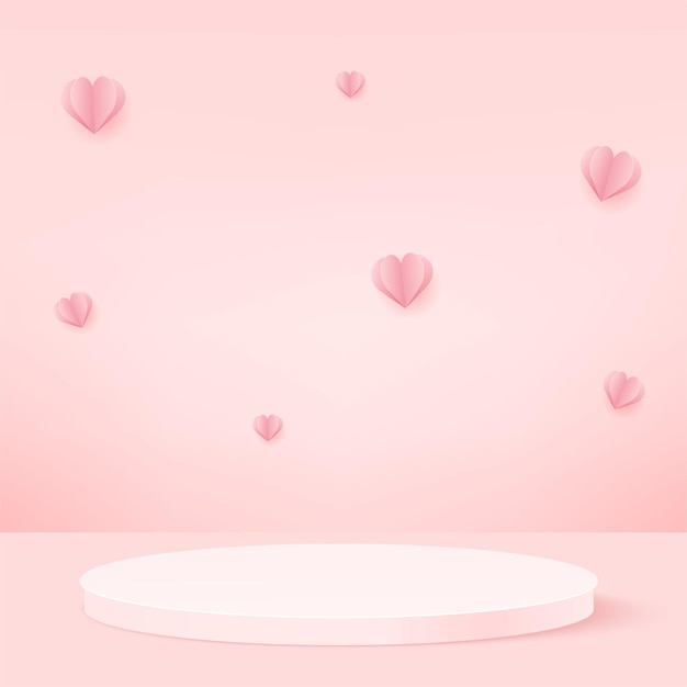 Products display 3d background podium scene with flying hearts and pink shape geometric platform. Vector illustration.