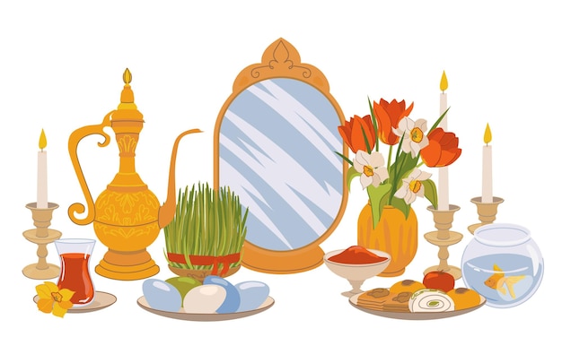 Products for the International Day of Navruz Iranian New Year is a sacred day and religious holiday of Zoroastrians and Bahais Mirror green grass sweets candles vinegar flowers Flat vector