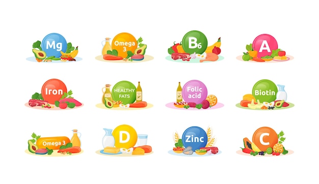 Products rich of vitamins, minerals for health cartoon illustrations set. Balanced diet flat color object. Vitamin A, B6, D. Good nutrition. Healthy eating isolated on white background