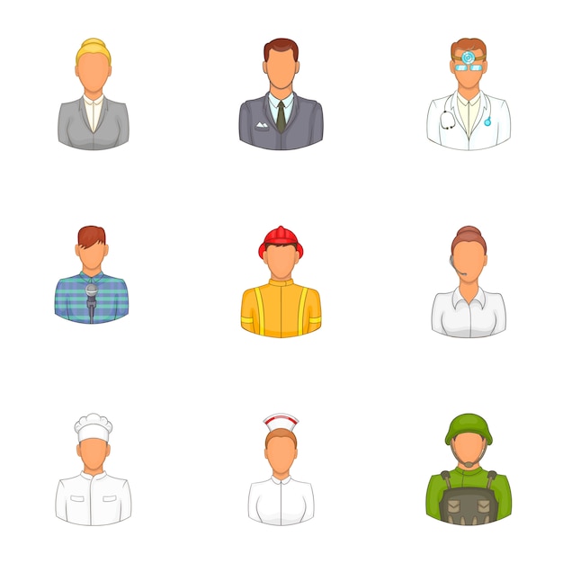 Profession icons set, cartoon style