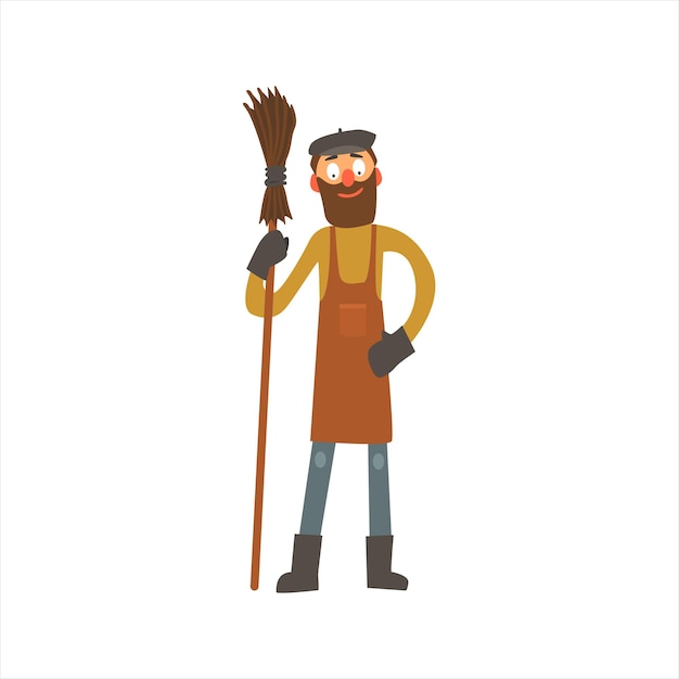 Profession Street Cleaner Primitive Cartoon Style Isolated Flat Vector Illustration On White Background