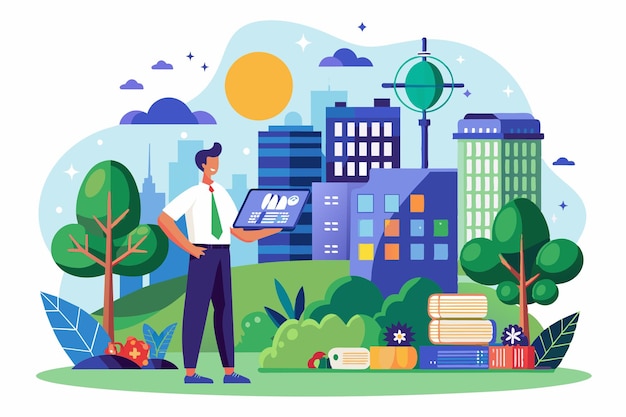 A professional analyzes data in a sustainable urban environment featuring greenery and buildings Net zero Customizable Semi Flat Illustration