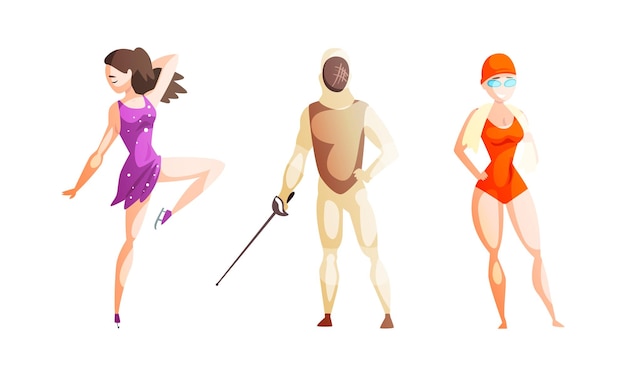 Professional Athletes Doing Sports Set Girl Figure Skater Swimmer Man Fencer Cartoon Vector Illustration