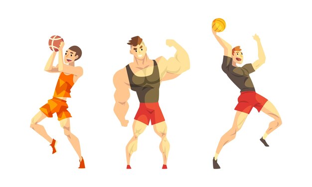 Vector professional athletes doing sports set male basketball and volleyball players bodybuilder male cartoon vector illustration