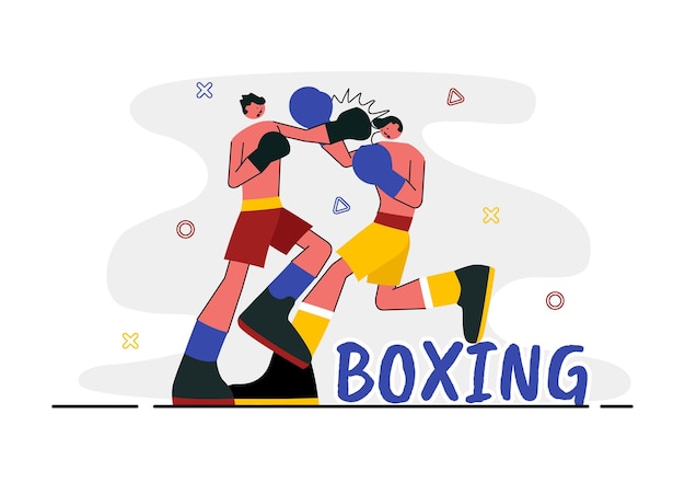 Professional Boxing Sport Vector Illustration Featuring a Boxer Wearing Red Gloves and a Helmet with Scenes of Competing Sparring or Practicing