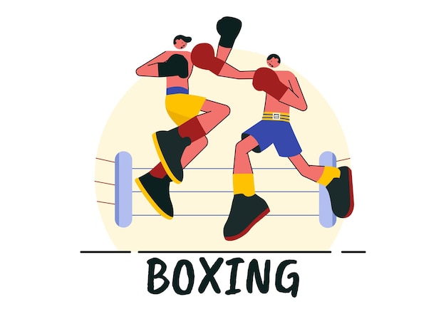 Professional Boxing Sport Vector Illustration Featuring a Boxer Wearing Red Gloves and a Helmet with Scenes of Competing Sparring or Practicing