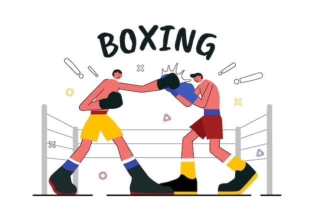 Professional Boxing Sport Vector Illustration Featuring a Boxer Wearing Red Gloves and a Helmet with Scenes of Competing Sparring or Practicing