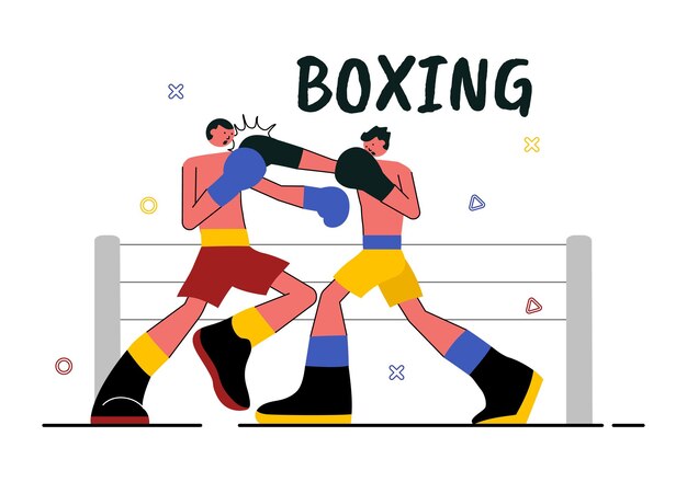 Professional Boxing Sport Vector Illustration Featuring a Boxer Wearing Red Gloves and a Helmet with Scenes of Competing Sparring or Practicing