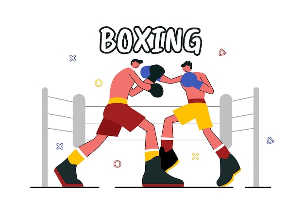 Professional Boxing Sport Vector Illustration Featuring a Boxer Wearing Red Gloves and a Helmet with Scenes of Competing Sparring or Practicing