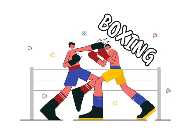 Professional Boxing Sport Vector Illustration Featuring a Boxer Wearing Red Gloves and a Helmet with Scenes of Competing Sparring or Practicing