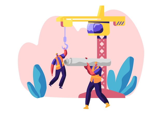 Professional Builder in Uniform in Process Construction. Worker in Hardhat Keep Crane. Service Urban Building. Workman Carry Material for Build Work. Flat Cartoon Vector Illustration