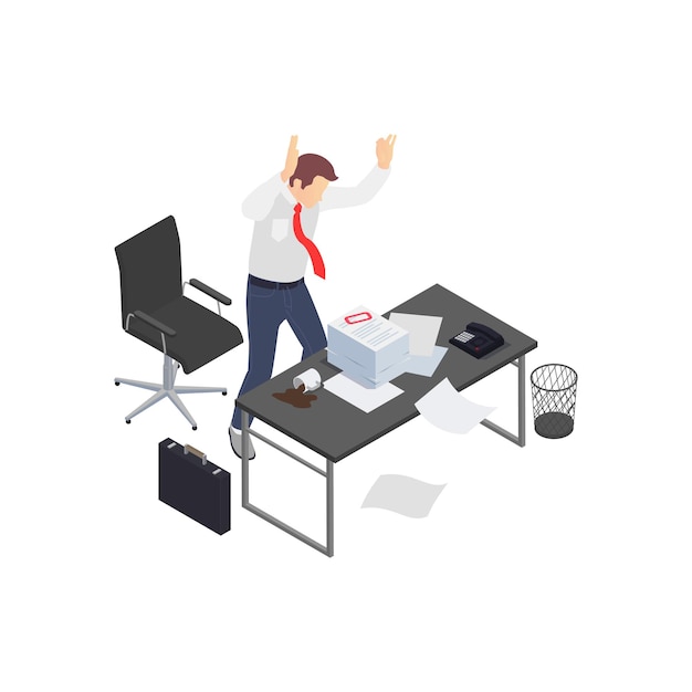 Vector professional burnout depression frustration isometric composition with angry worker and stack of paperwork