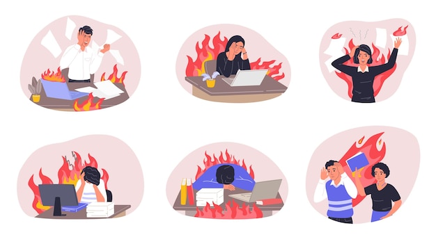 Professional burnout Employees on fire at work cartoon office chaos of deadline and working stress