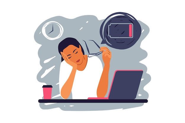 Vector professional burnout syndrome tired female manager in office sitting at the laptop long work day concept vector illustration