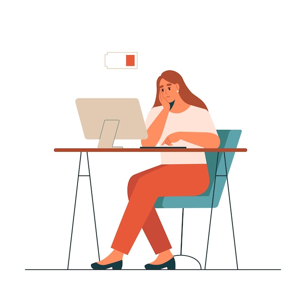 Professional burnout syndrome. Tired woman sitting at table with laptop in office. Flat vector