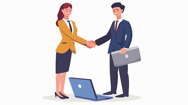 Vector professional business handshake between man and woman with laptop