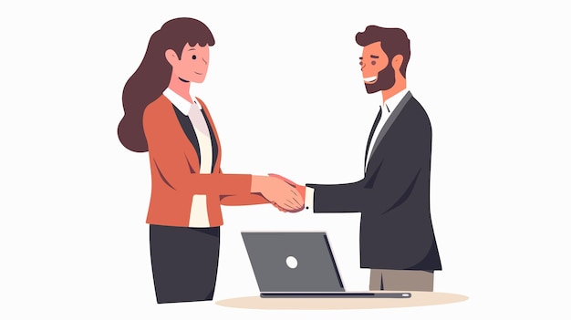 Professional Business Handshake Between Man and Woman with Laptop