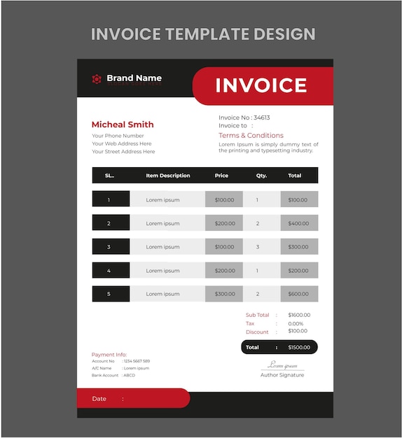 Professional business invoice bill form bookkeeping document design template