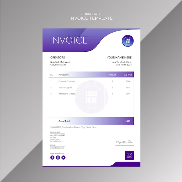 Professional business invoice template design vector