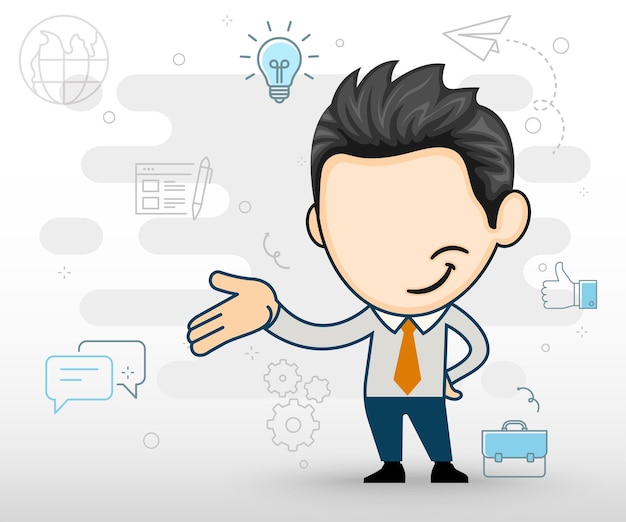 Professional business man waving hand for presentation in character cartoon style