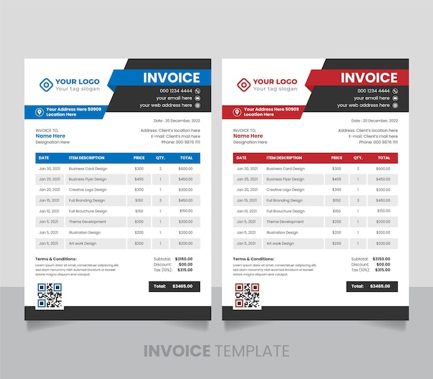 Professional business money bills or price invoices and payment agreement design template in A4 size