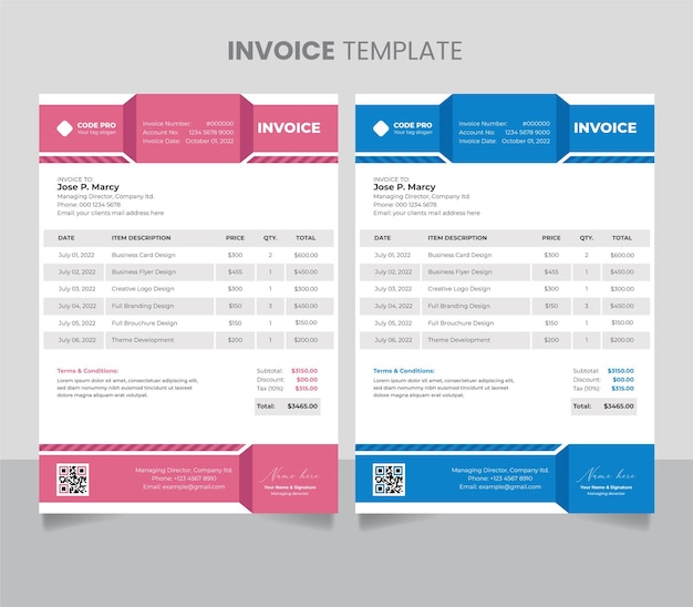 Professional business money bills or price invoices and payment agreement design template in A4 size