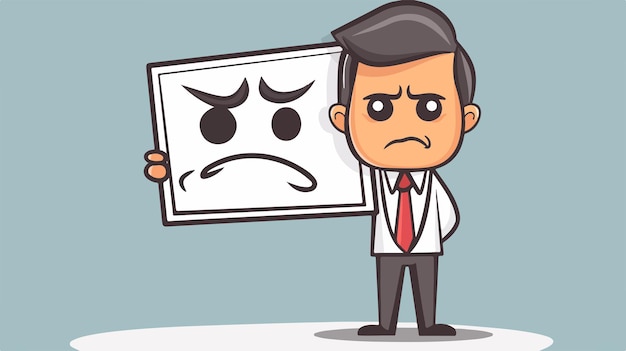 Vector professional businessman holding white board with sad face emoticon business presentation concept