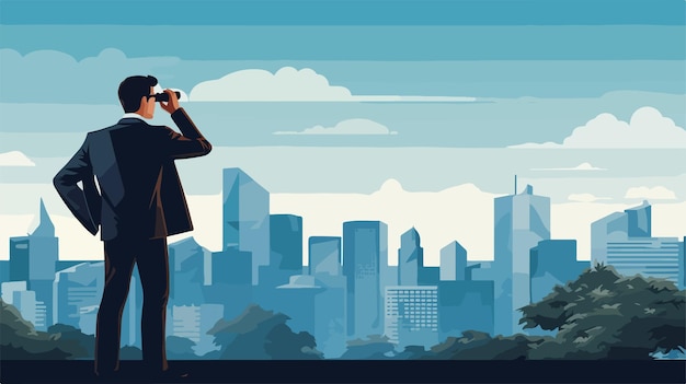 Vector professional businessman using binoculars with copy space