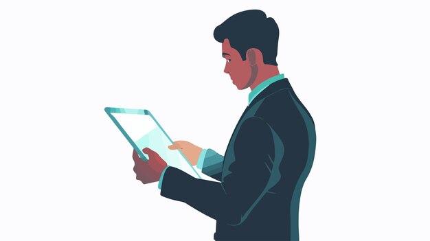 Vector professional businessman using tablet with glowing light out