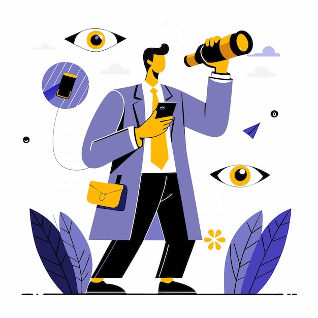 Vector professional businessman vigilantly observing with binoculars in hand flat vector illustration