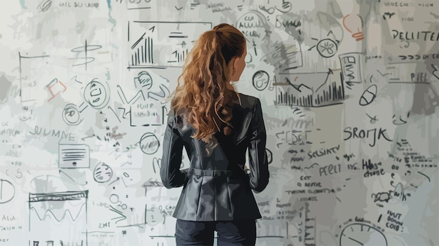 Vector professional businesswoman examining chalk business strategy