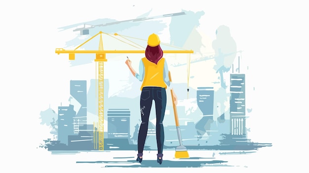 Vector professional businesswoman painting construction plan from rear view