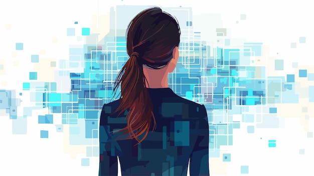 Vector professional businesswoman in rear view against digital background