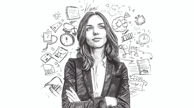 Vector professional businesswoman and strategy sketches for success