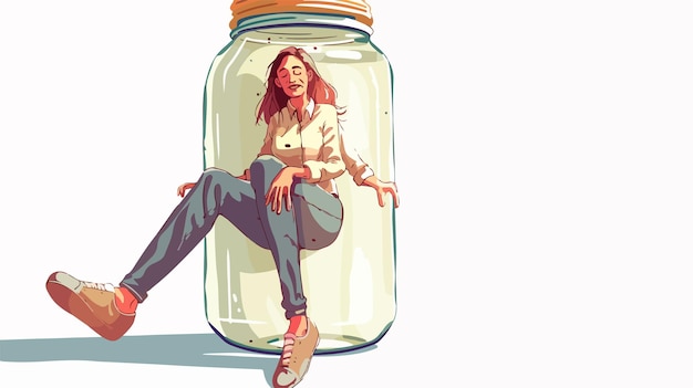 Vector professional businesswoman trapped inside transparent glass jar