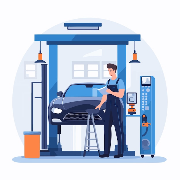 Vector professional car mechanic repairing automobile lifted on elevator in garage