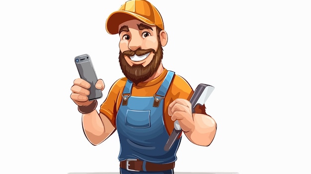 Professional Carpenter or Handyman Holding Hammer and Phone