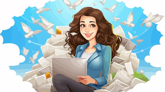 Professional Cartoon Woman Sending Email in Vector Illustration