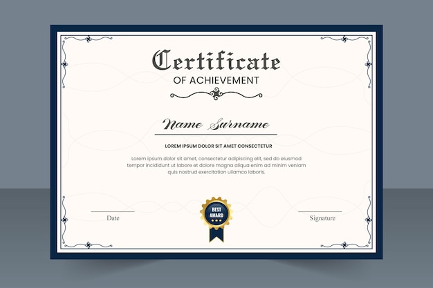 Professional certificate template design with golden badge vector illustration