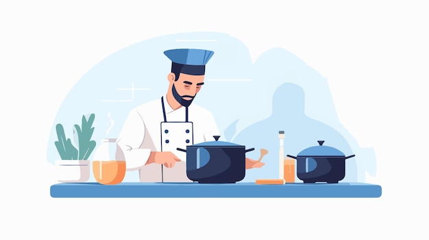 Professional Chef Cooking Concept Man Wearing Cap and Stirring with Spoon