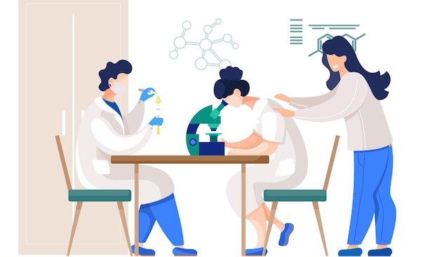 Vector professional chemists in their laboratory makes different experiments on the table with microscope